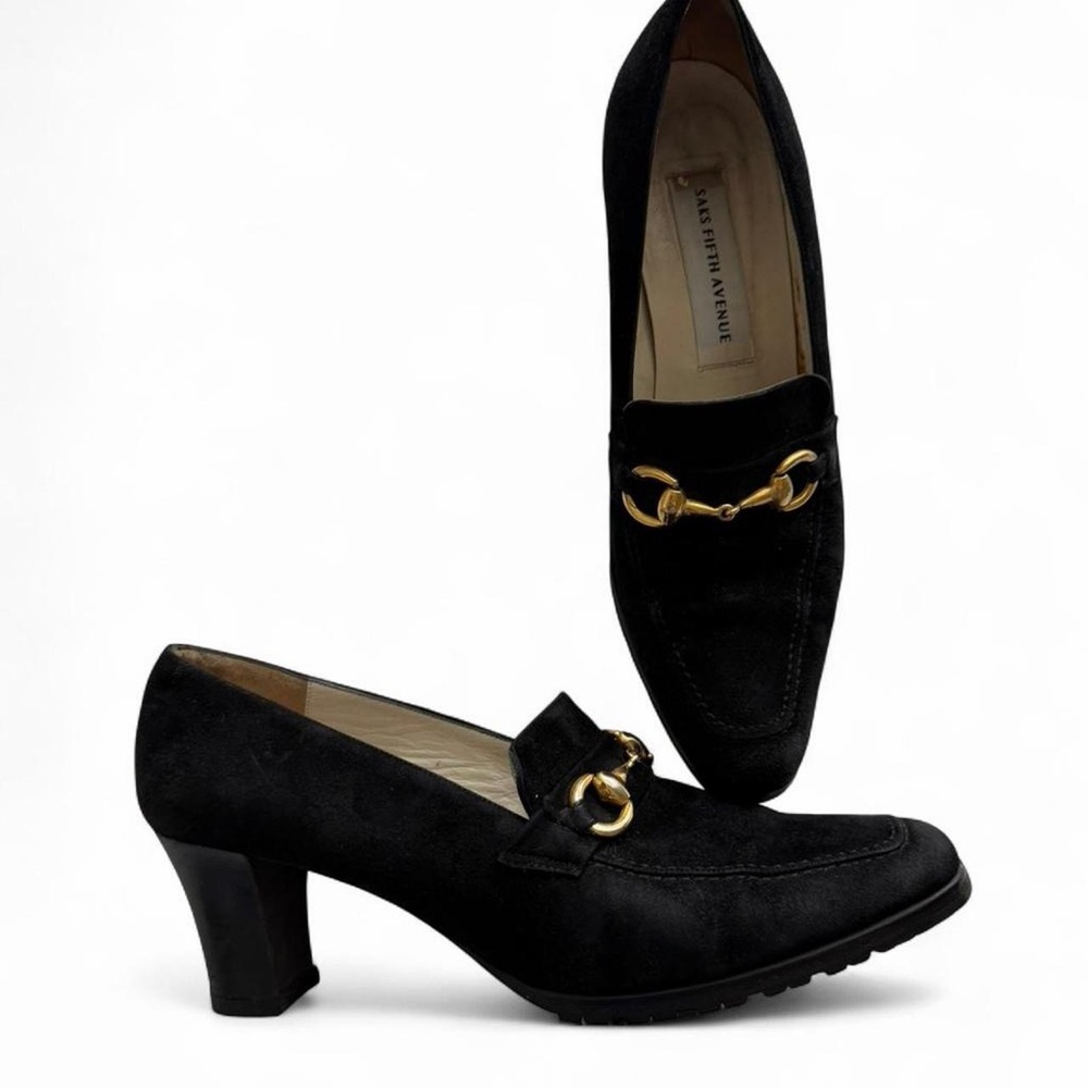 Saks Fifth Ave Vintage 90s Black Suede Horsebit Heeled Loafers 7.5 Made in Italy